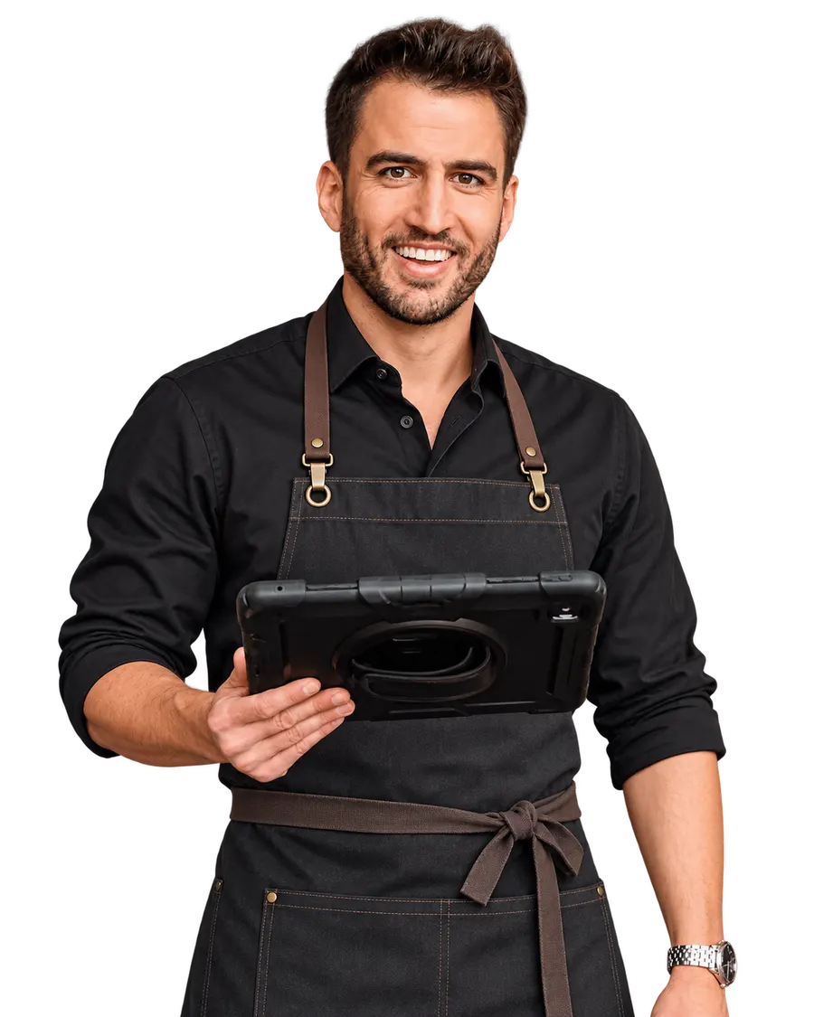 Gastronom mit Tablet, auf dem inexcent Gastronom läuft
